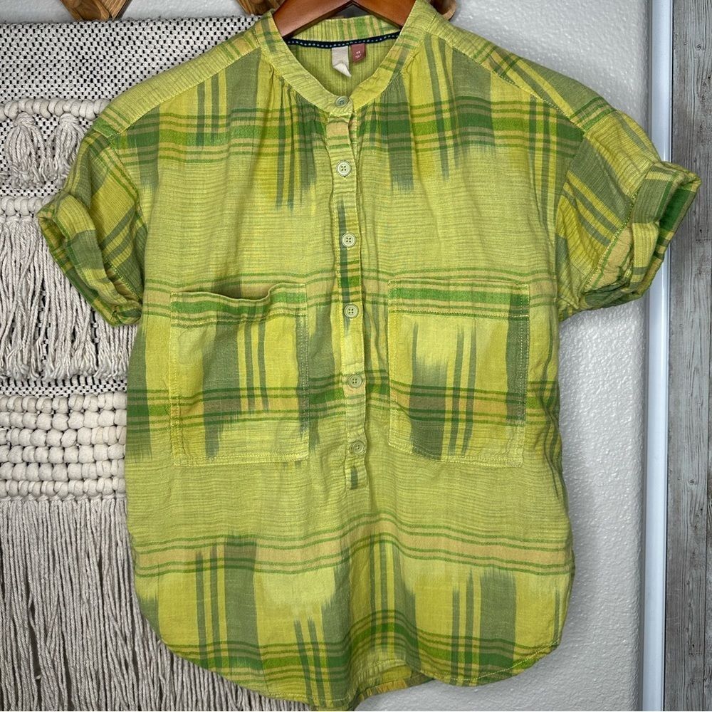 Pilcro M Hannah Surf Plaid Top Rolled Short Sleeve Button Front Popover Shirt